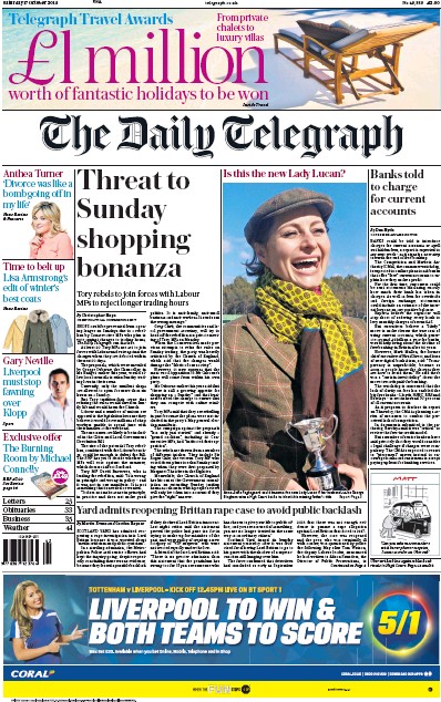 The Daily Telegraph Newspaper Front Page (UK) for 17 October 2015