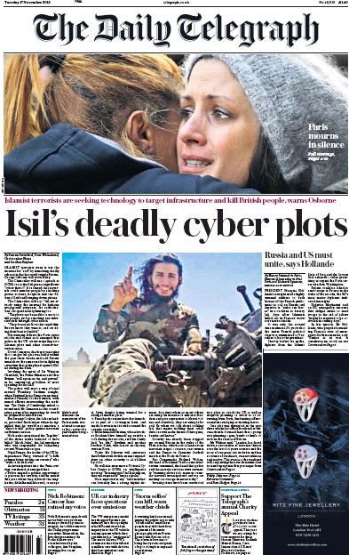 The Daily Telegraph Newspaper Front Page (UK) for 17 November 2015