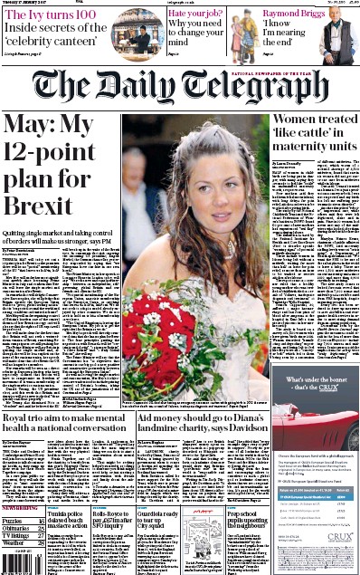The Daily Telegraph Newspaper Front Page (UK) for 17 January 2017