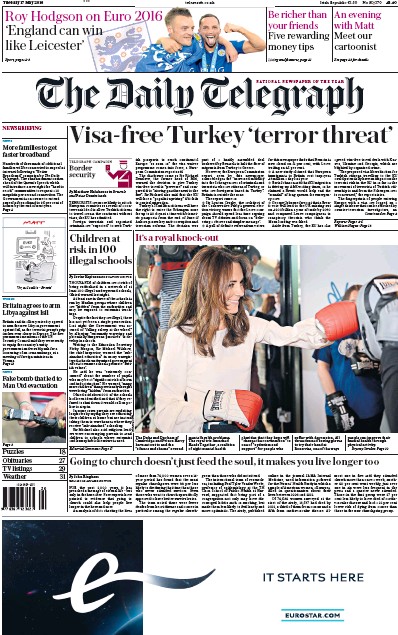 The Daily Telegraph Newspaper Front Page (UK) for 17 May 2016