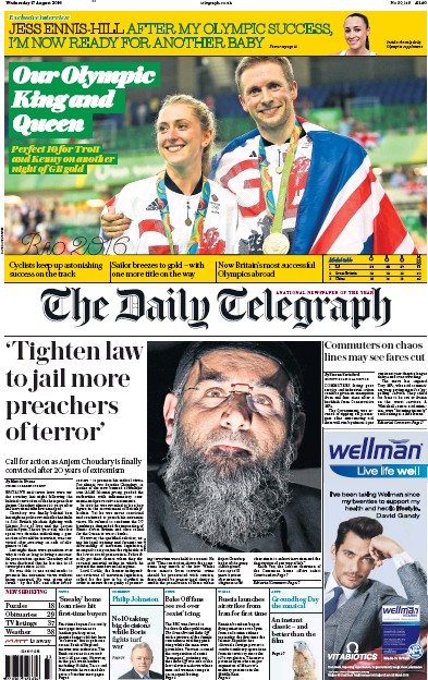 The Daily Telegraph Newspaper Front Page (UK) for 17 August 2016