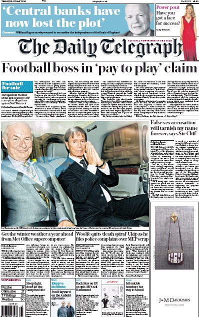 The Daily Telegraph Newspaper Front Page (UK) for 18 October 2016