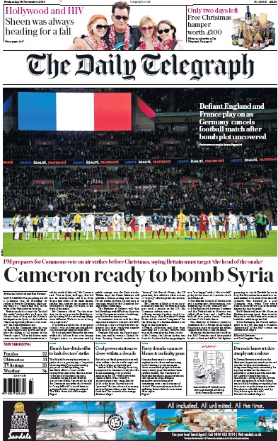 The Daily Telegraph Newspaper Front Page (UK) for 18 November 2015