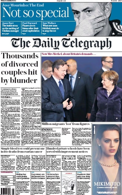 The Daily Telegraph Newspaper Front Page (UK) for 18 December 2015
