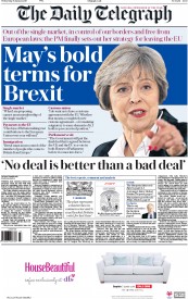 The Daily Telegraph (UK) Newspaper Front Page for 18 January 2017