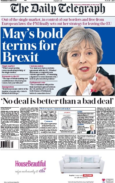 The Daily Telegraph Newspaper Front Page (UK) for 18 January 2017