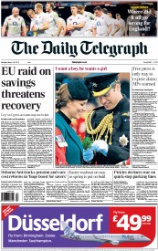 The Daily Telegraph Newspaper Front Page (UK) for 18 March 2013
