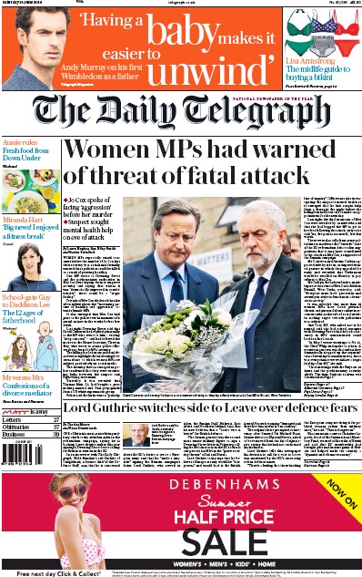 The Daily Telegraph Newspaper Front Page (UK) for 18 June 2016