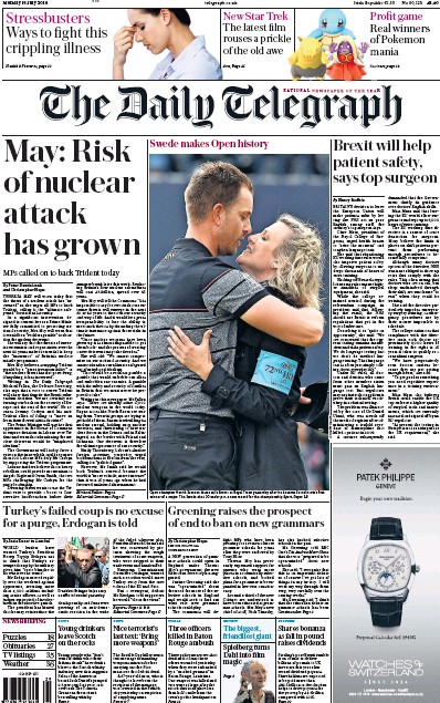 The Daily Telegraph Newspaper Front Page (UK) for 18 July 2016