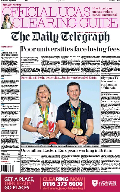 The Daily Telegraph Newspaper Front Page (UK) for 18 August 2016