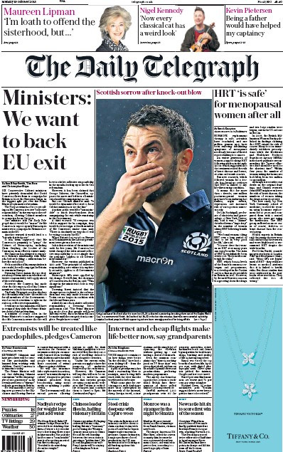 The Daily Telegraph Newspaper Front Page (UK) for 19 October 2015