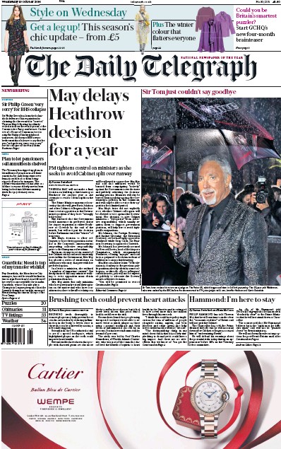 The Daily Telegraph Newspaper Front Page (UK) for 19 October 2016