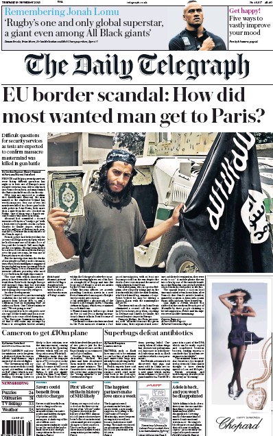 The Daily Telegraph Newspaper Front Page (UK) for 19 November 2015