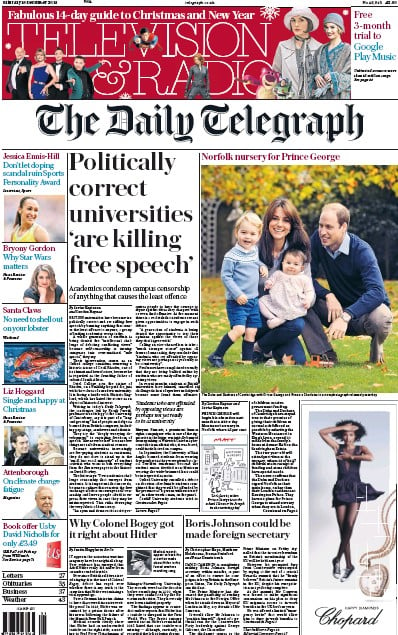 The Daily Telegraph Newspaper Front Page (UK) for 19 December 2015