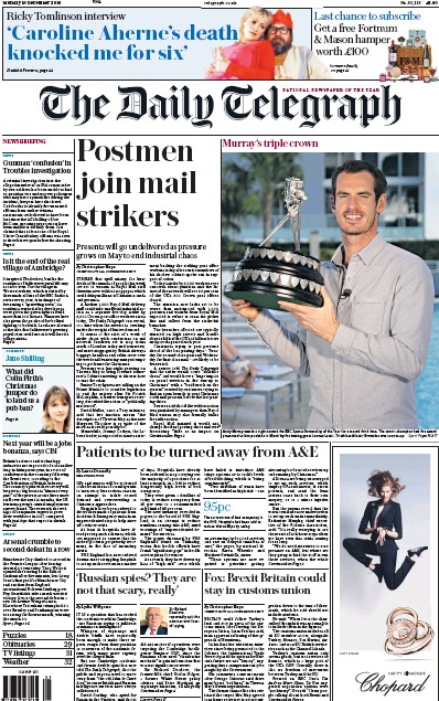 The Daily Telegraph Newspaper Front Page (UK) for 19 December 2016