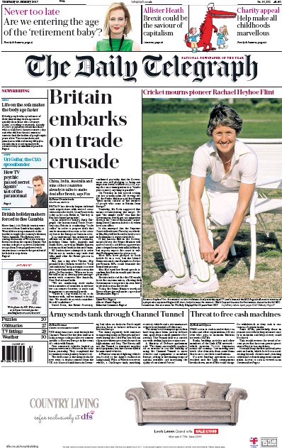 The Daily Telegraph Newspaper Front Page (UK) for 19 January 2017