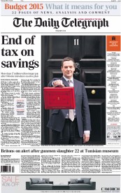 The Daily Telegraph (UK) Newspaper Front Page for 19 March 2015