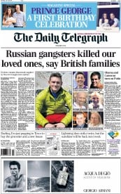 The Daily Telegraph Newspaper Front Page (UK) for 19 July 2014