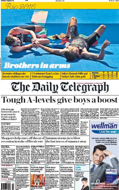 The Daily Telegraph Newspaper Front Page (UK) for 19 August 2016