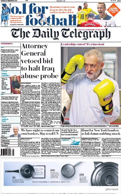 The Daily Telegraph Newspaper Front Page (UK) for 19 September 2016