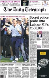 The Daily Telegraph (UK) Newspaper Front Page for 1 October 2012