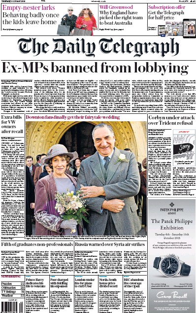 The Daily Telegraph Newspaper Front Page (UK) for 1 October 2015