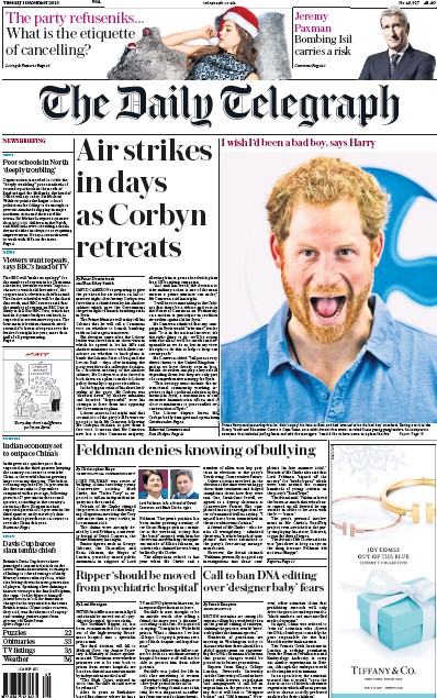 The Daily Telegraph Newspaper Front Page (UK) for 1 December 2015