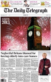 The Daily Telegraph Newspaper Front Page (UK) for 1 January 2013