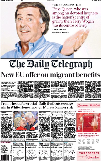 The Daily Telegraph Newspaper Front Page (UK) for 1 February 2016