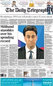 The Daily Telegraph (UK) Newspaper Front Page for 1 May 2015