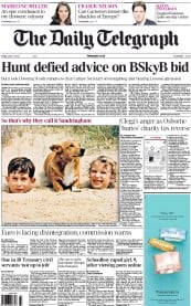 The Daily Telegraph Newspaper Front Page (UK) for 1 June 2012