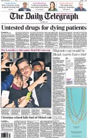 The Daily Telegraph Newspaper Front Page (UK) for 20 October 2014
