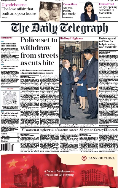 The Daily Telegraph Newspaper Front Page (UK) for 20 October 2015