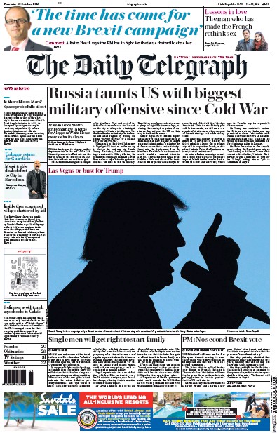 The Daily Telegraph Newspaper Front Page (UK) for 20 October 2016
