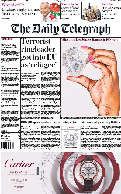 The Daily Telegraph Newspaper Front Page (UK) for 20 November 2015