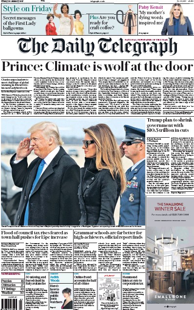The Daily Telegraph Newspaper Front Page (UK) for 20 January 2017