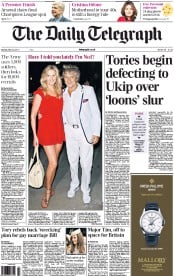 The Daily Telegraph Newspaper Front Page (UK) for 20 May 2013
