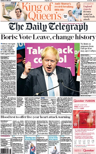 The Daily Telegraph Newspaper Front Page (UK) for 20 June 2016