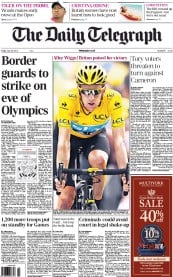 The Daily Telegraph (UK) Newspaper Front Page for 20 July 2012