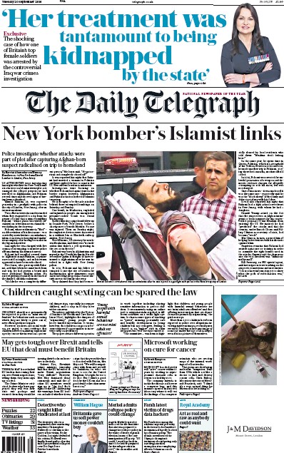 The Daily Telegraph Newspaper Front Page (UK) for 20 September 2016