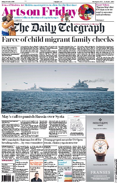 The Daily Telegraph Newspaper Front Page (UK) for 21 October 2016