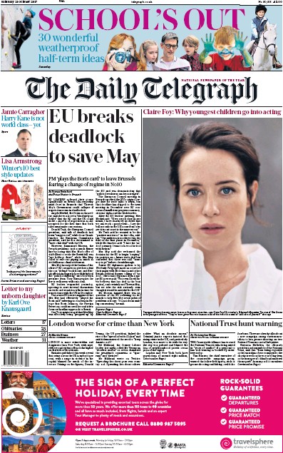 The Daily Telegraph Newspaper Front Page (UK) for 21 October 2017