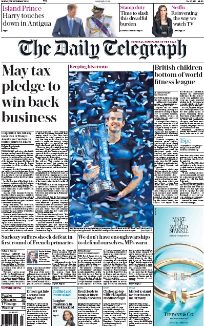 The Daily Telegraph Newspaper Front Page (UK) for 21 November 2016