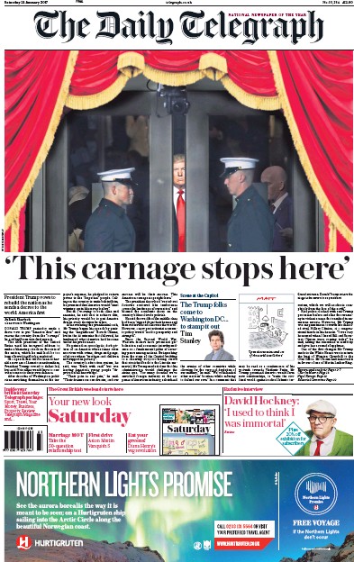 The Daily Telegraph Newspaper Front Page (UK) for 21 January 2017