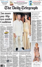 The Daily Telegraph Newspaper Front Page (UK) for 21 March 2014