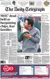 The Daily Telegraph Newspaper Front Page (UK) for 21 July 2014