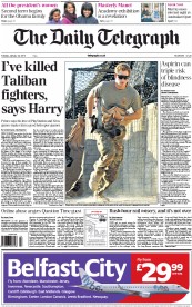 The Daily Telegraph (UK) Newspaper Front Page for 22 January 2013