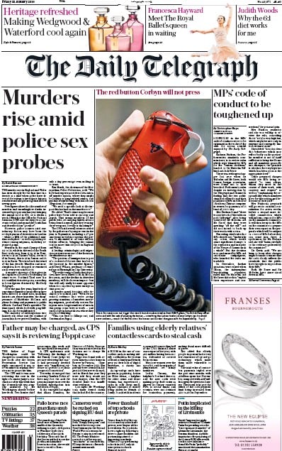 The Daily Telegraph Newspaper Front Page (UK) for 22 January 2016