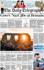 The Daily Telegraph (UK) Newspaper Front Page for 22 June 2016