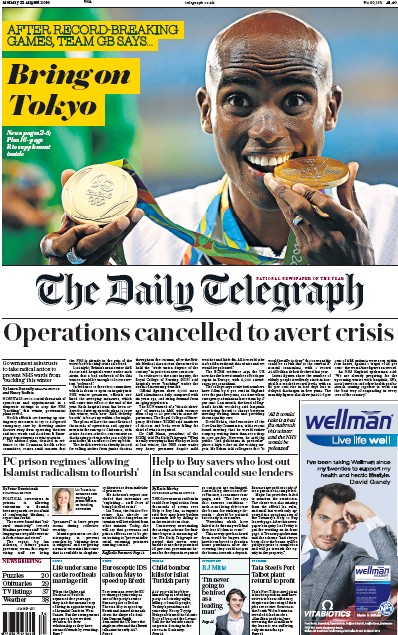 The Daily Telegraph Newspaper Front Page (UK) for 22 August 2016